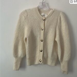 ba&sh Cream with gold buttons puff sleeve cardigan.